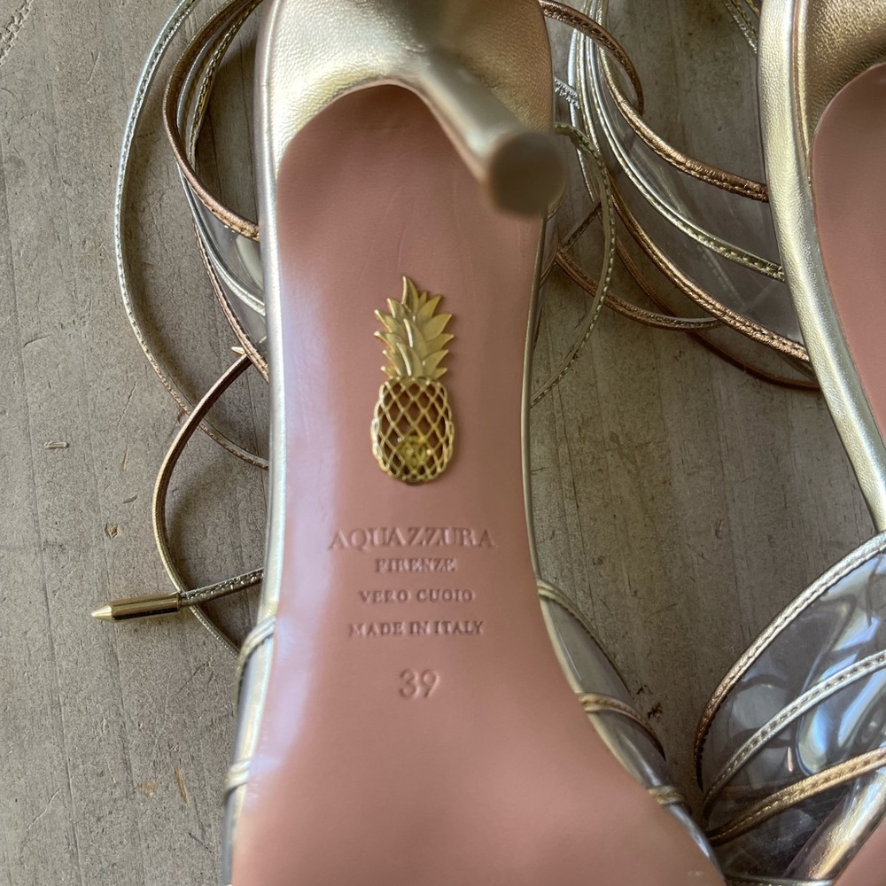 Aquazzura Call Me 85 Leather and PVC sandal in Gold, NWB, SZ 39 - Picture 15 of 16
